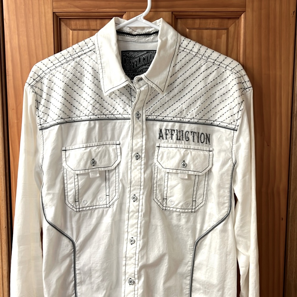 Affliction long sleeved button down shirt.